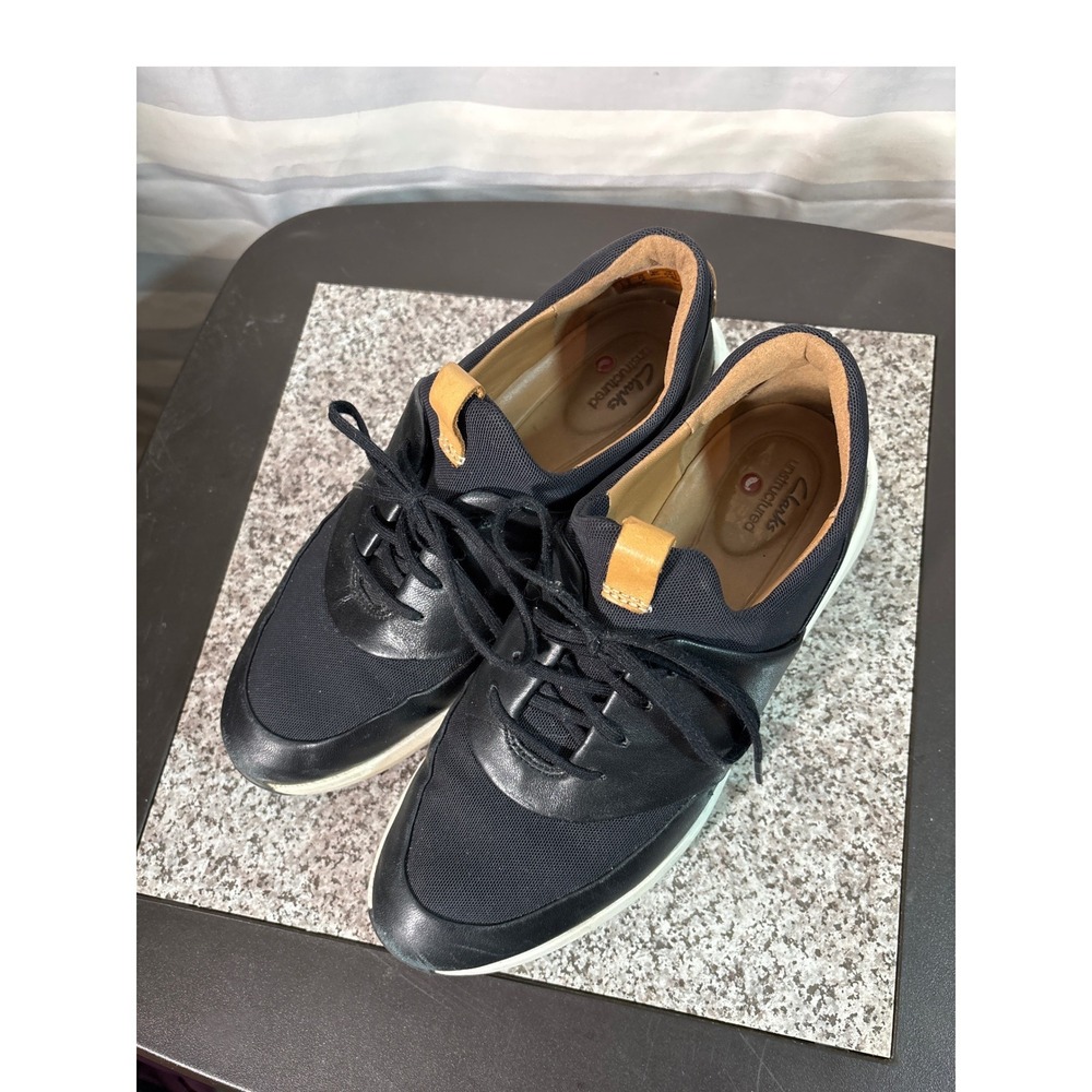 8.5 M Clarks Unstructured Un Adorn Lace Black Leather Textile Sneakers Womens
